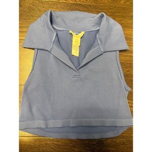 Happily Grey Blue Ribbed Sleeveless Polo Crop Top - Size M/L